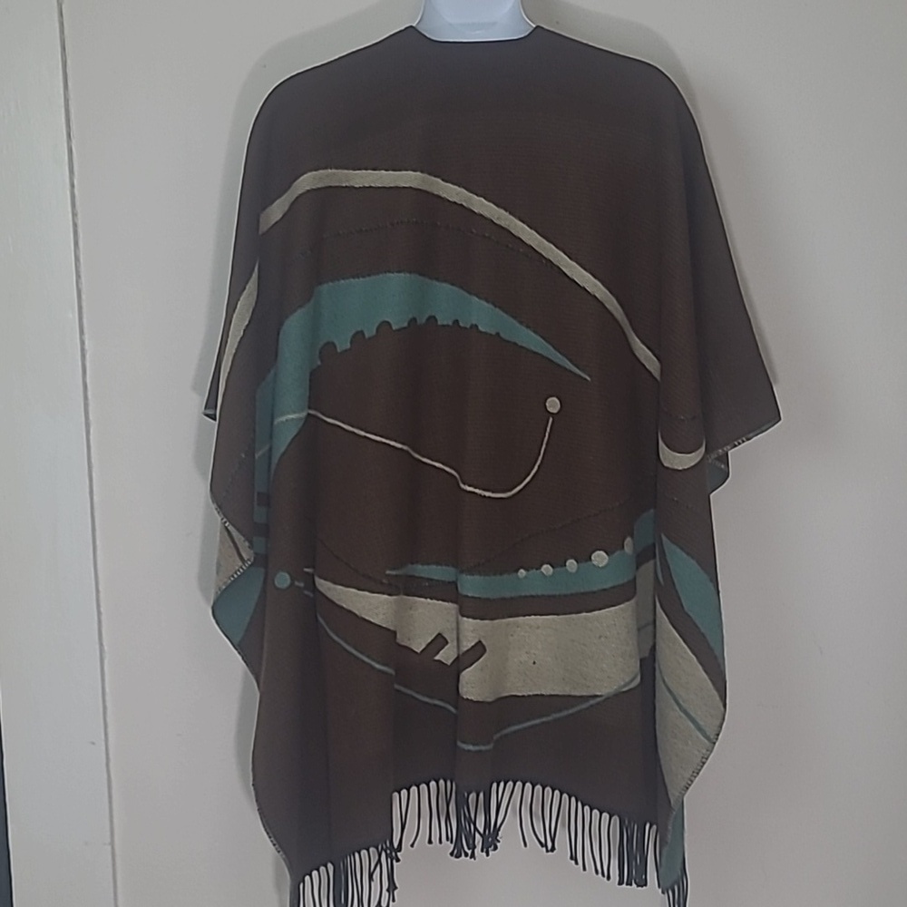 Reversible Ruana Wrap Cape Turquoise & Brown Soft Knit Boho Fringe Shawl XL 1 sz - Picture 10 of 14